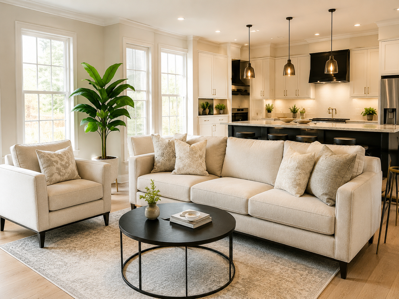 Bright living room with beige sofa and armchair, black round coffee table, large windows, and kitchen with island, pendant lights, and white cabinets.