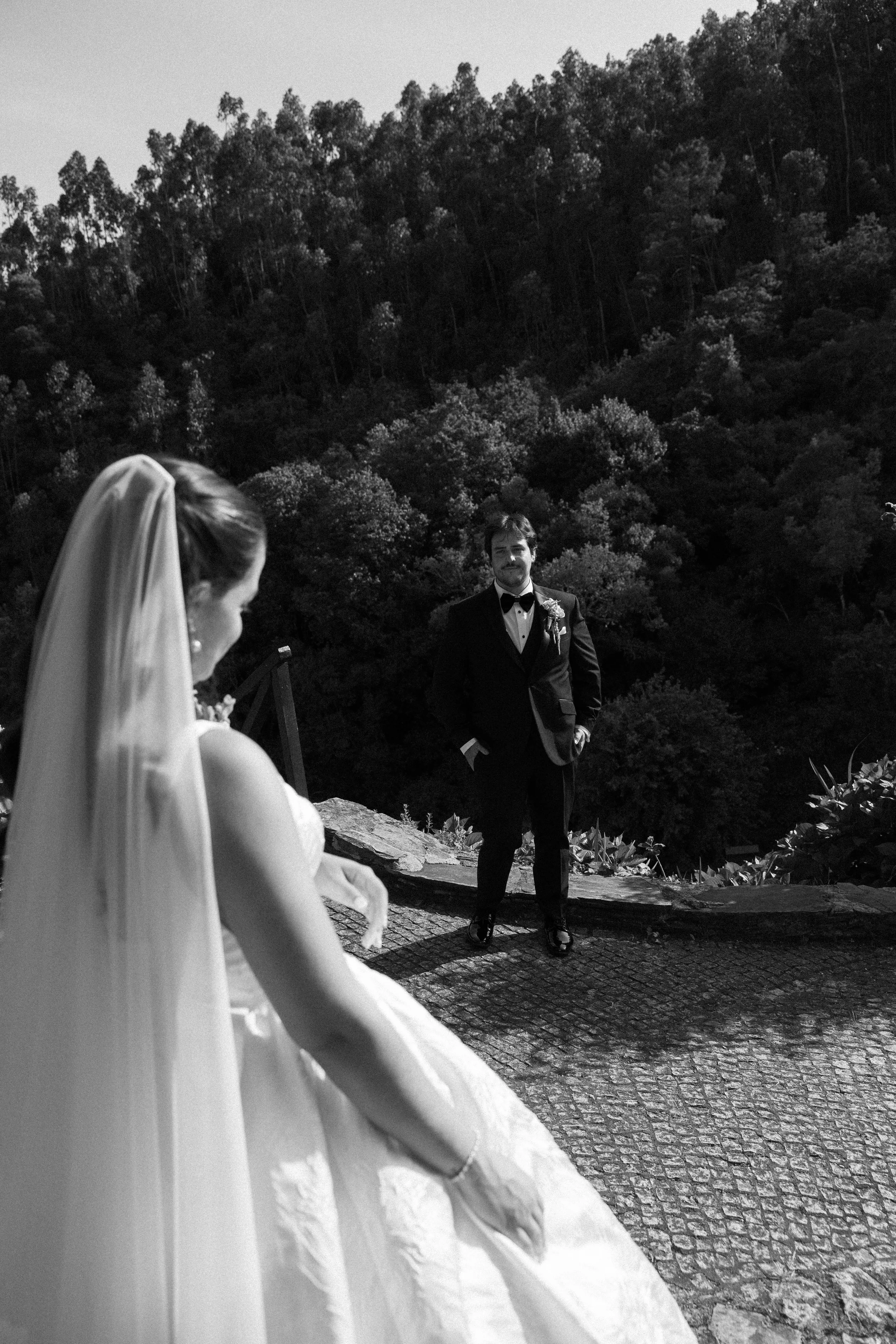 A groom in a tuxedo stands outdoors on a cobblestone pathway, smiling and looking at a bride, whose back is to the camera. The bride wears a wedding dress and veil, with her arm extended. The background features a forested hillside.