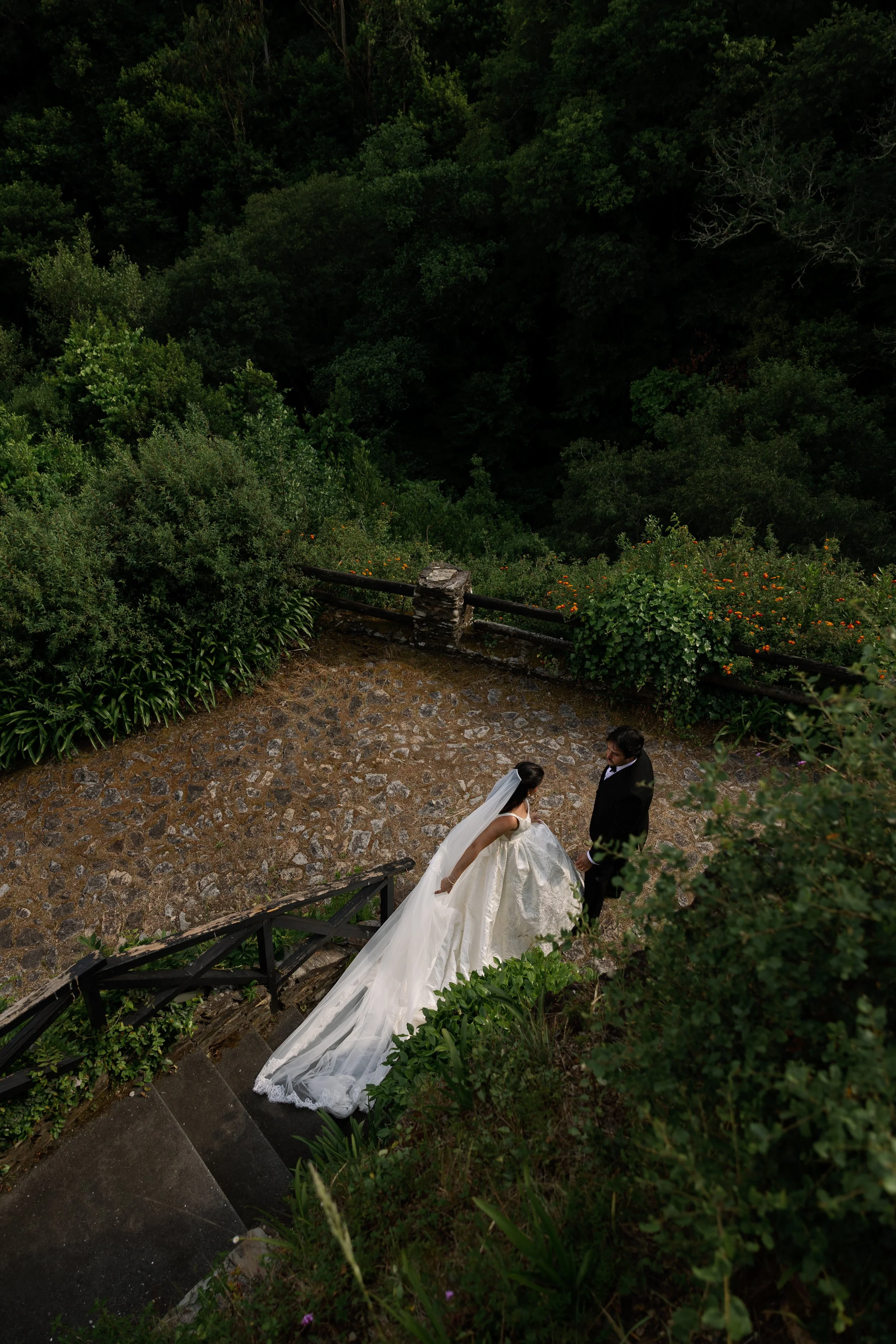 A bride in a white wedding gown with a long train and a veil, and a groom in a black suit, standing on a stone staircase surrounded by lush green trees and bushes on a hillside.