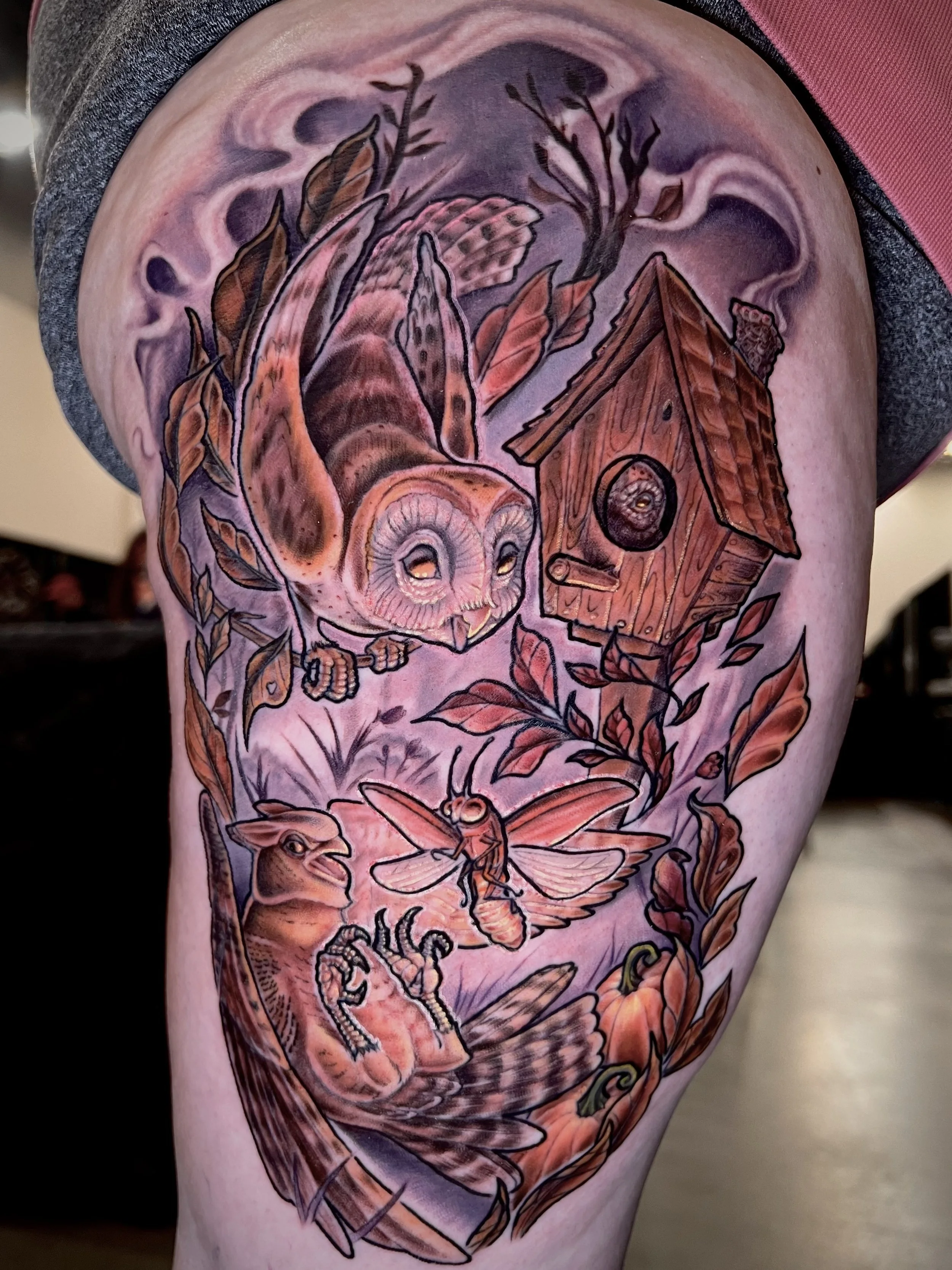 Colorful tattoo of birds, owl, pumpkins, and firefly on person's leg with dark background.