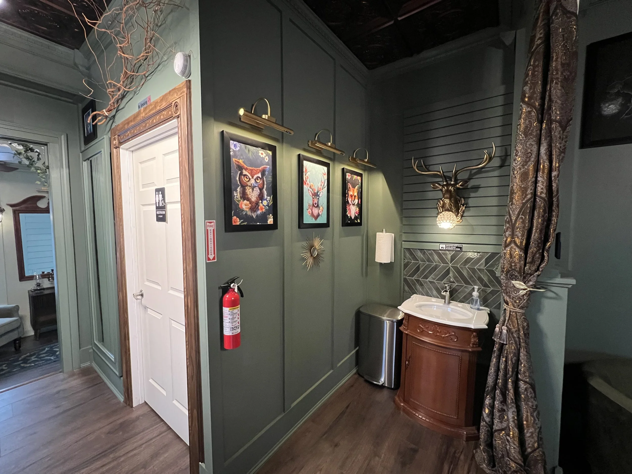 The image shows an indoor setting with a green wall decorated with three framed animal portraits: an owl, a deer, and a fox, illuminated by wall-mounted lights. There is a curtain with a paisley pattern on the right and various objects including a fire alarm, a waste bin, and a paper towel dispenser visible.