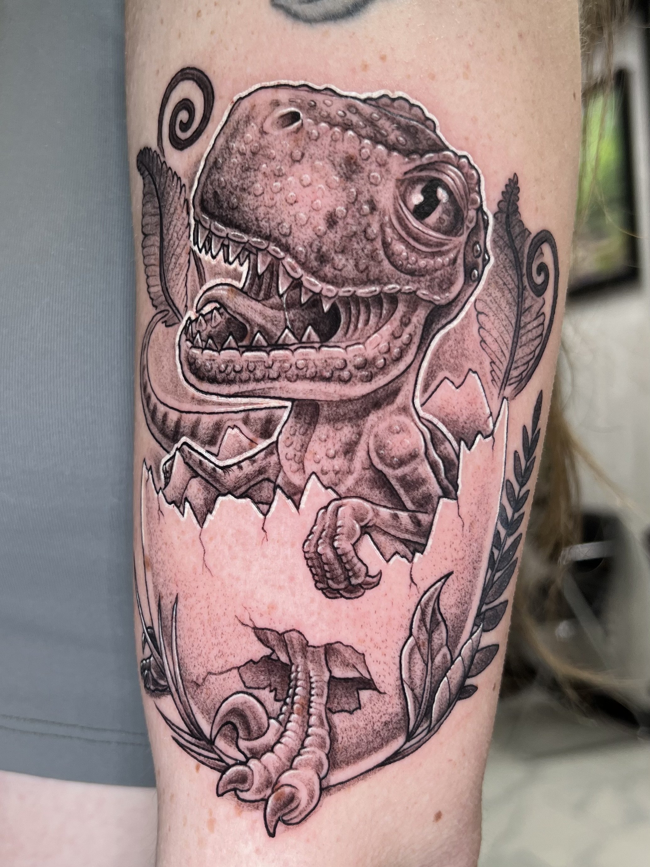 Black and gray tattoo of a baby dinosaur, with detailed scales, teeth, and eye, in an egg, surrounded by leaves.