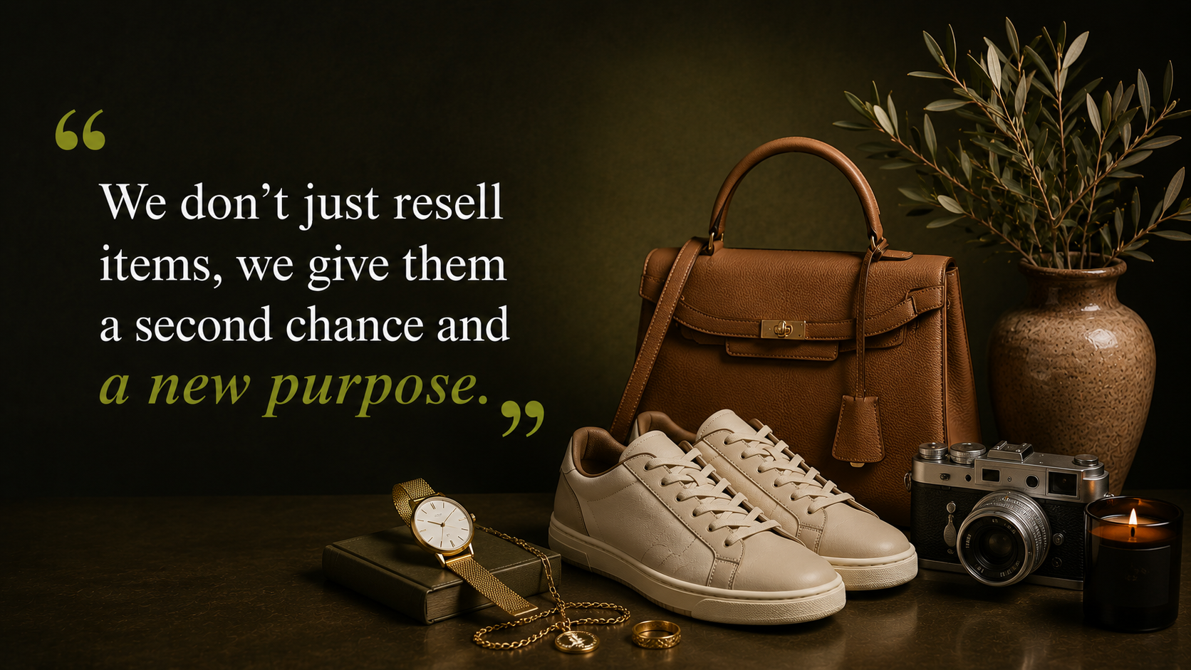 A brown leather handbag, white sneakers, a wristwatch, jewelry, vintage camera, a candle, and a potted plant are arranged on a dark surface. A quote overlayed says, "We don't just resell items, we give them a second chance and a new purpose."