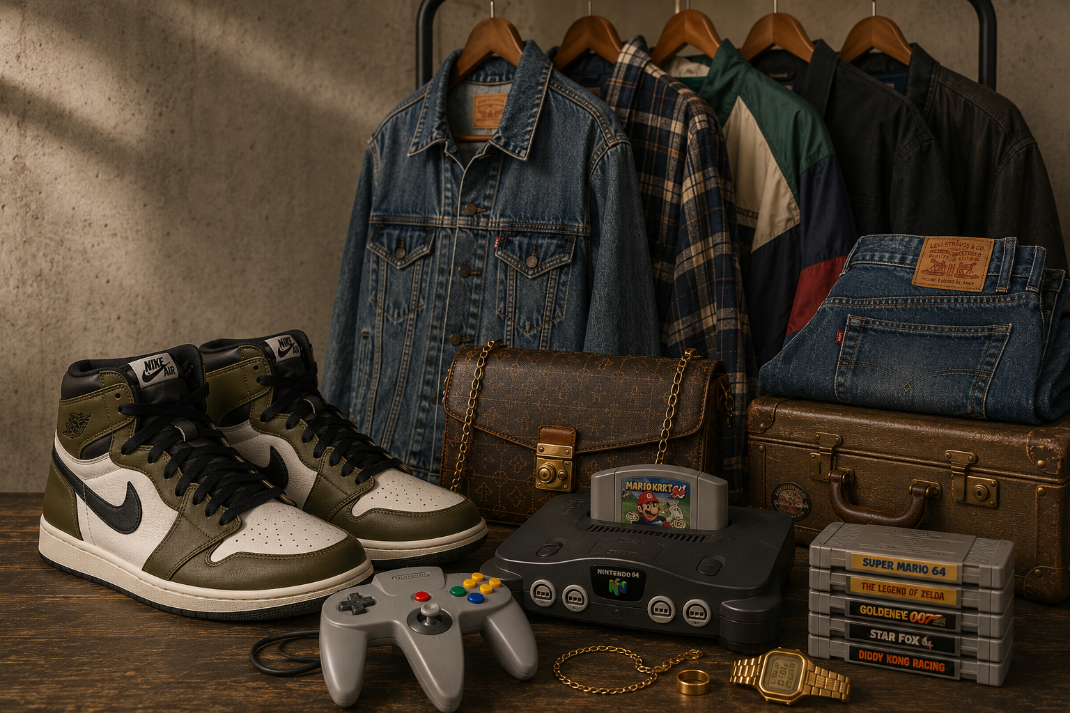 Collection of vintage and modern clothing, shoes, and gaming accessories, including a pair of Nike Air sneakers, Levi's jeans, a Nintendo 64 gaming console with a Mario Kart 64 cartridge, and various video game cartridges, along with accessories like a gold chain, watch, and rings, set against a concrete background.