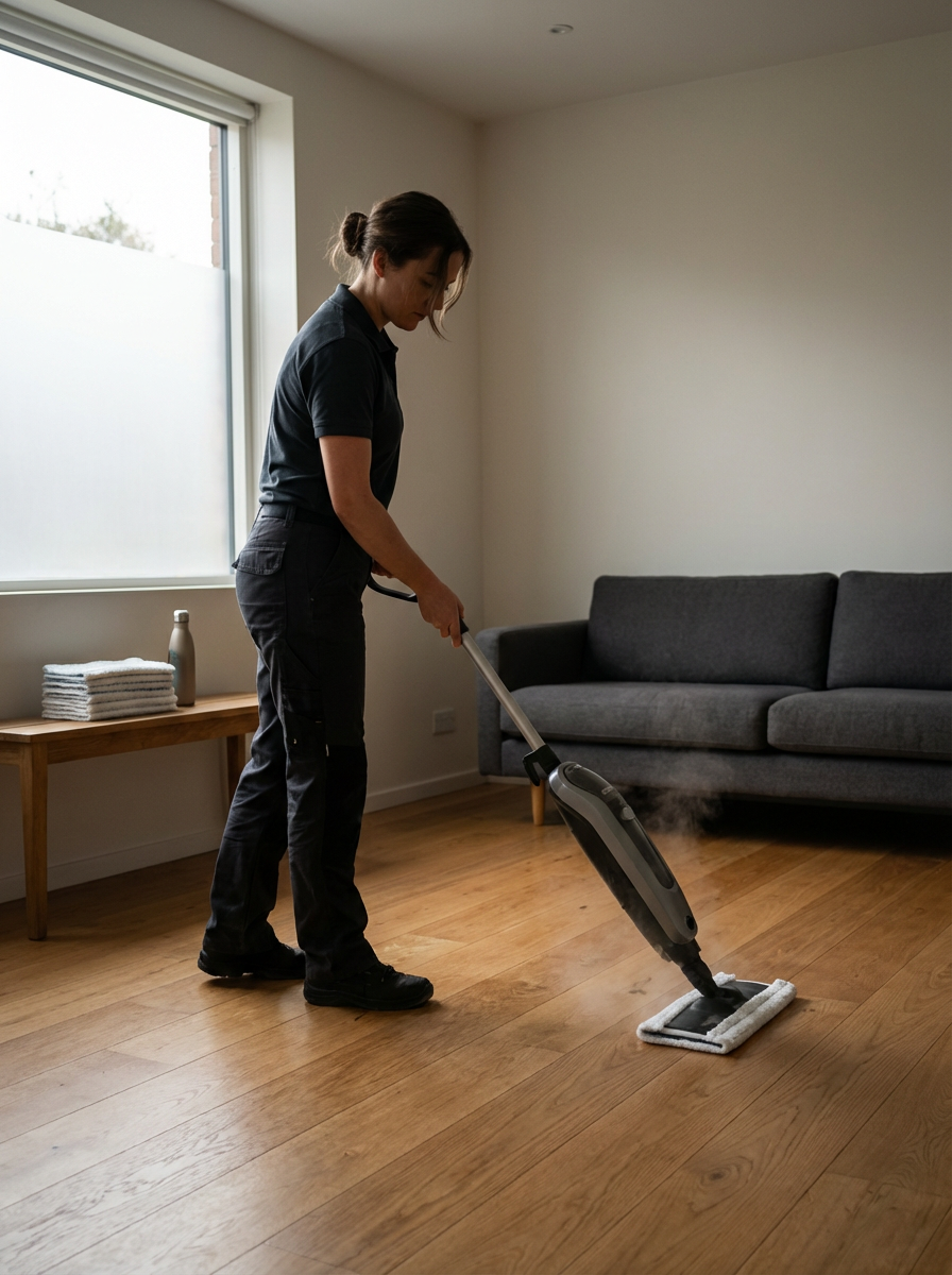 A woman vacuuming a hardwood floor in a living room near a window and a grey sofa.