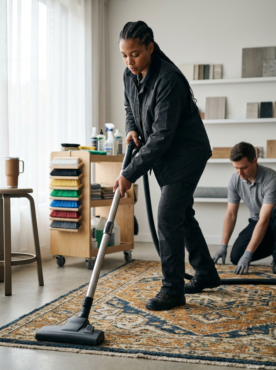 A woman in black work clothes vacuuming a patterned area rug in an office or home setting with a man in gray shirt and black pants kneeling next to her.