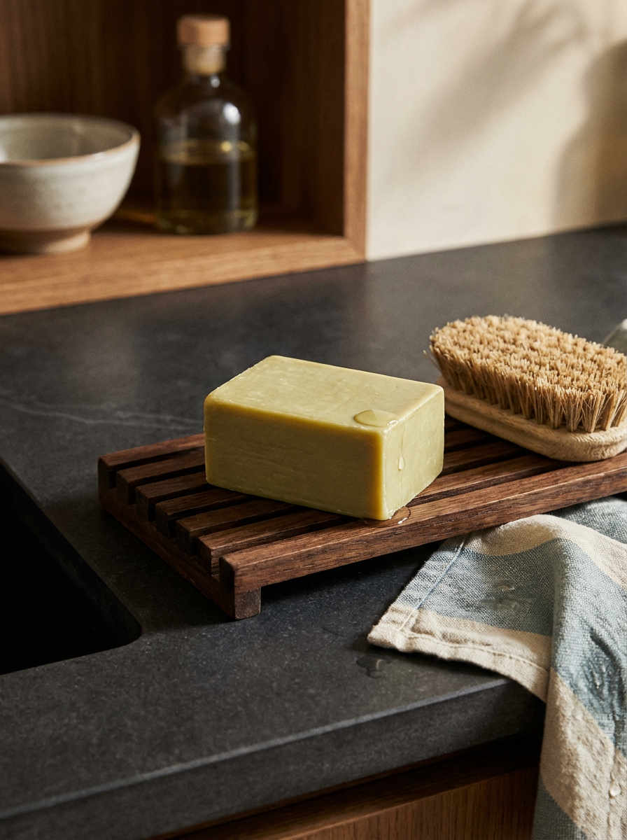 A bar of soap and a cleaning brush on a wooden tray on a dark kitchen countertop.