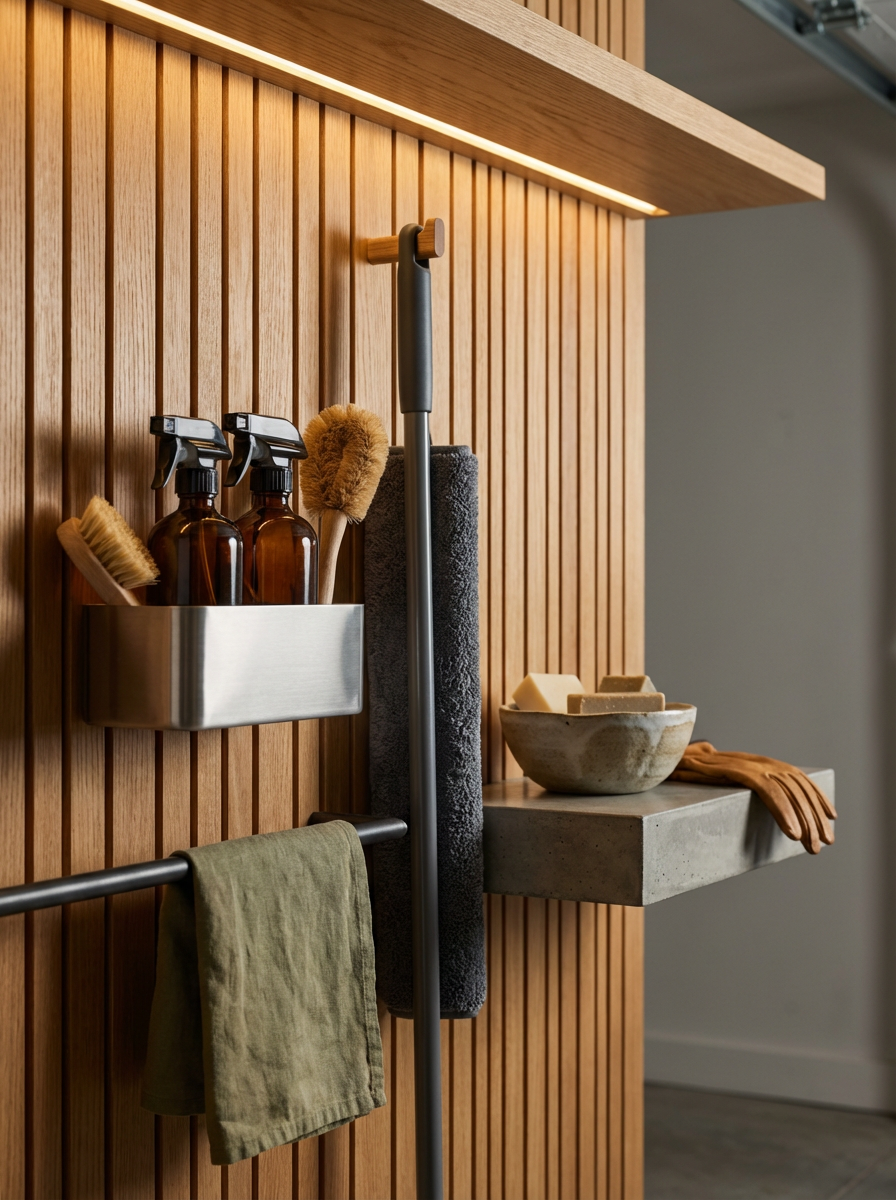 Cleaning supplies and tools on a wooden slat wall, including spray bottles, brushes, paint roller, sponge, gloves, and a towel.