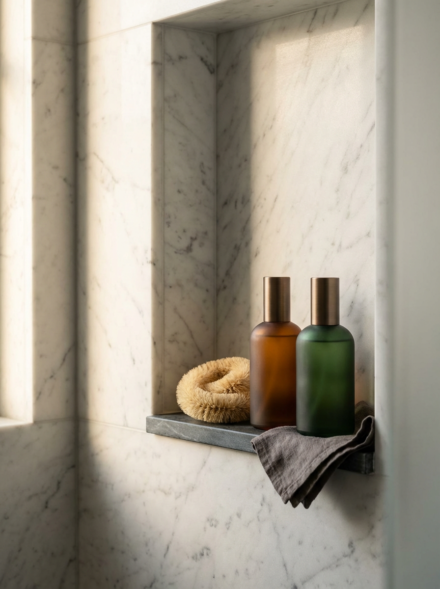 A marble built-in wall nook holding two frosted glass bottles, a beige hair scrunchie, and a dark gray cloth.