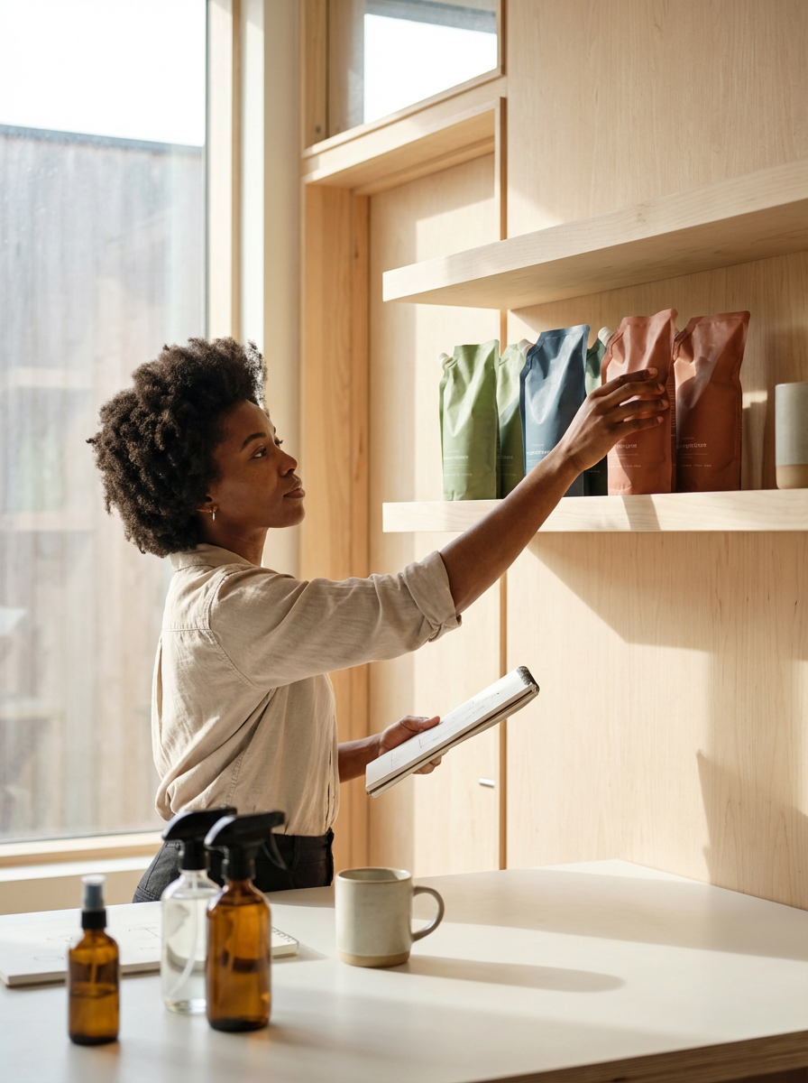 Woman organizing colorful bags on wooden shelves in a bright room with a window.