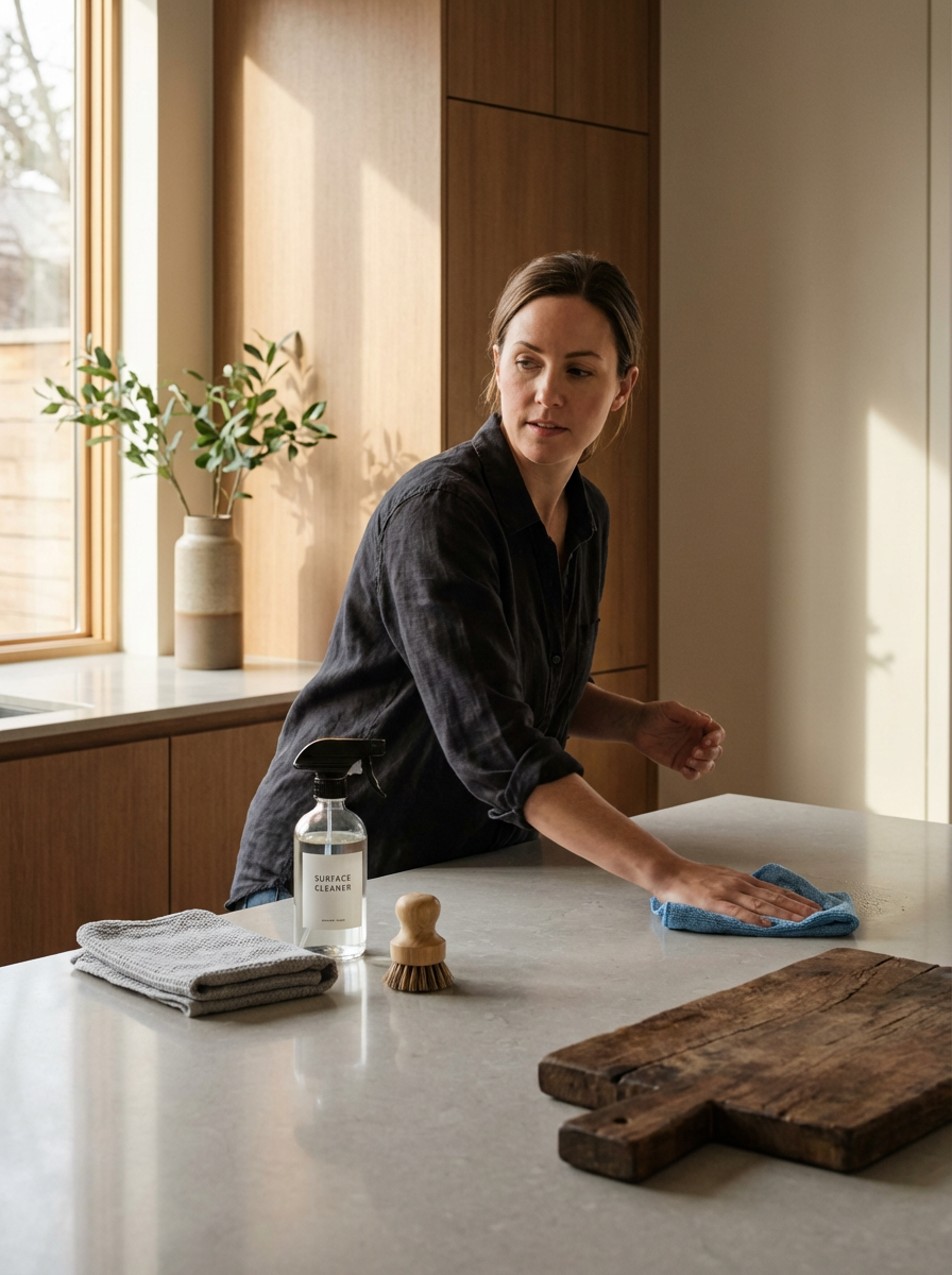 woman cleaning kitchen countertop with a blue cloth, cleaning spray, and cleaning brush on a white surface, with a window, wooden cabinets, and a plant in the background.