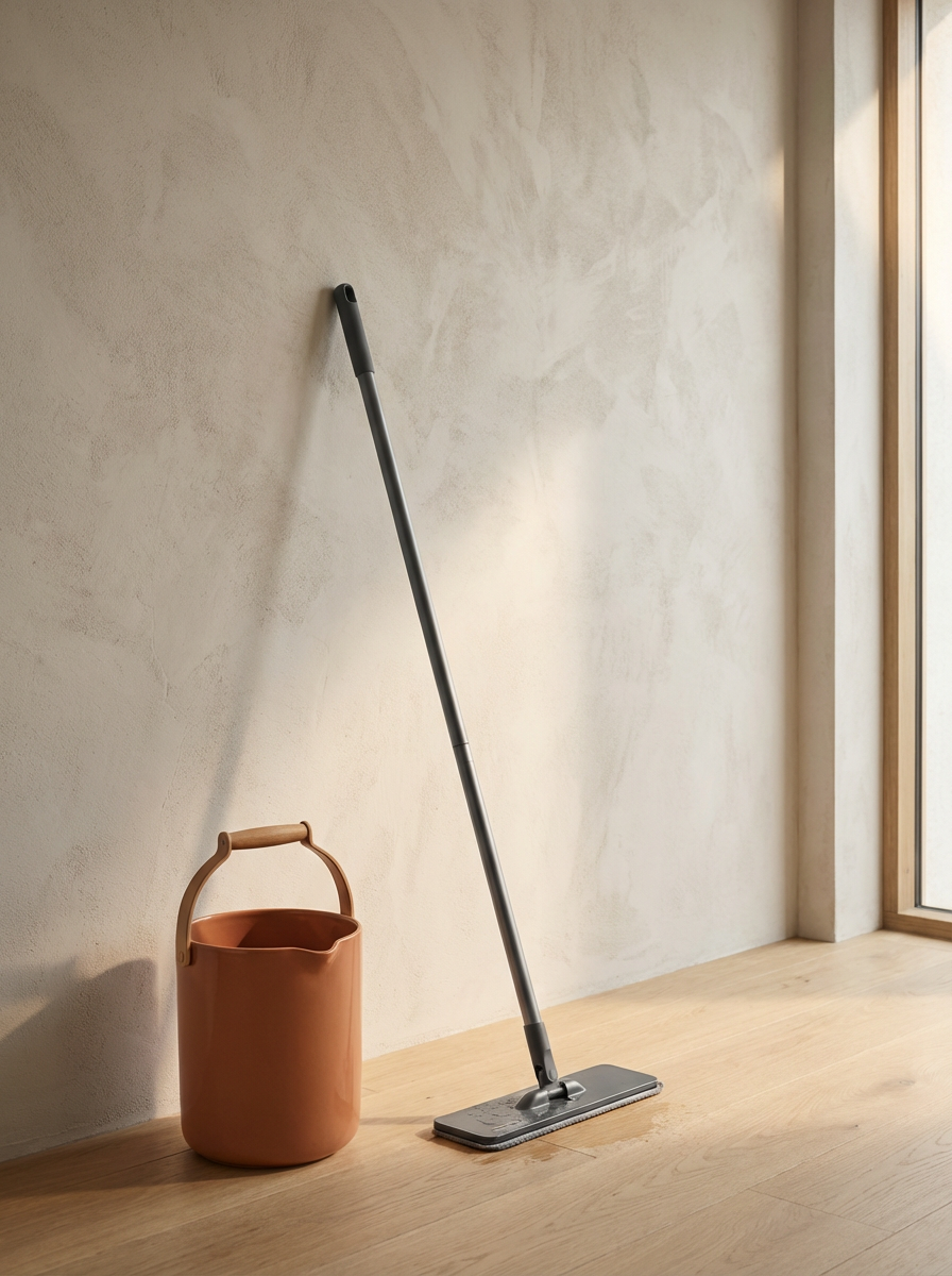 A mop leaning against a beige wall with a terracotta-colored bucket nearby, in a room with light wood flooring and a large window allowing natural light.