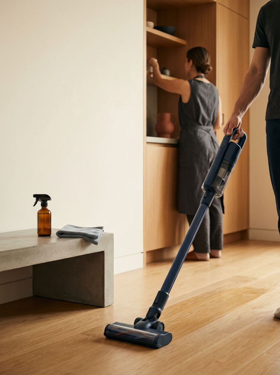 A man is vacuuming a wooden floor in a modern home while a woman organizes items in a kitchen behind him.