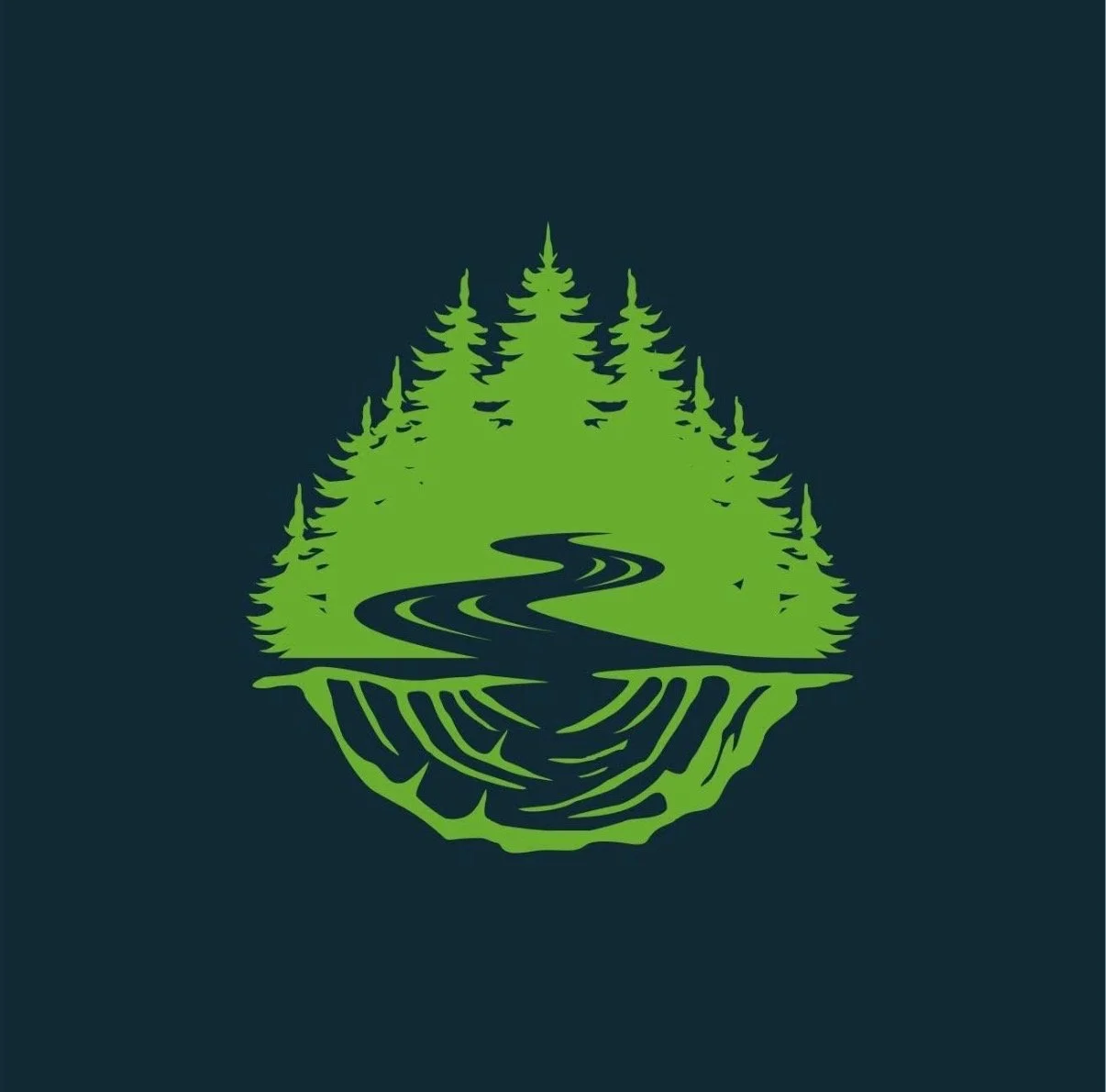 Illustration of a green pine forest and winding river, reflected in the water, on a dark background.