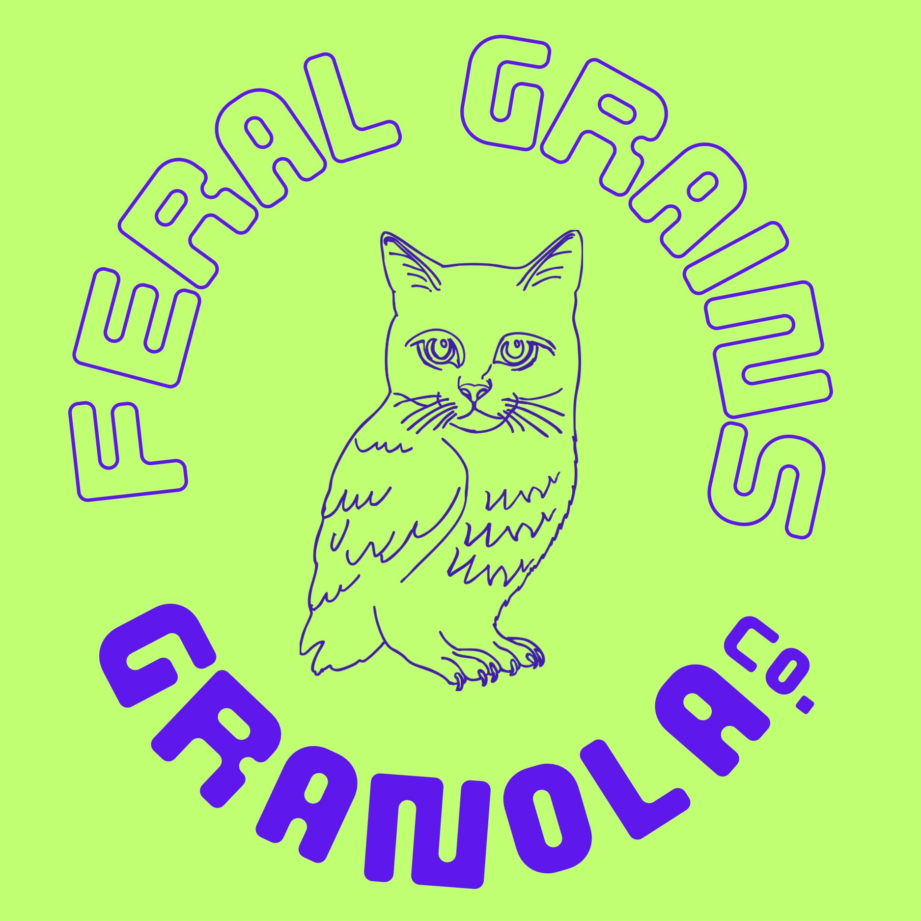 A neon green background with purple outline text saying "Fall Girls" curved around a purple outline drawing of a cat facing forward with detailed eyes, nose, mouth, and fur.