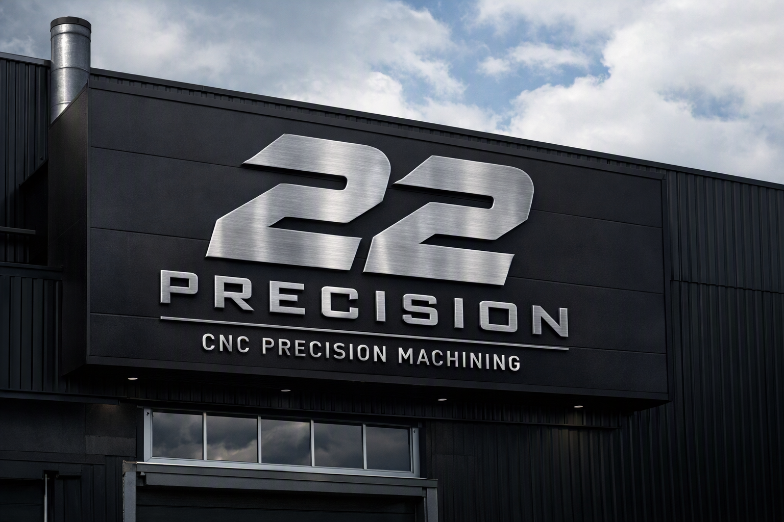 Building with a black exterior wall and large metallic sign reading '22 Precision' and 'CNC Precision Machining' underneath.