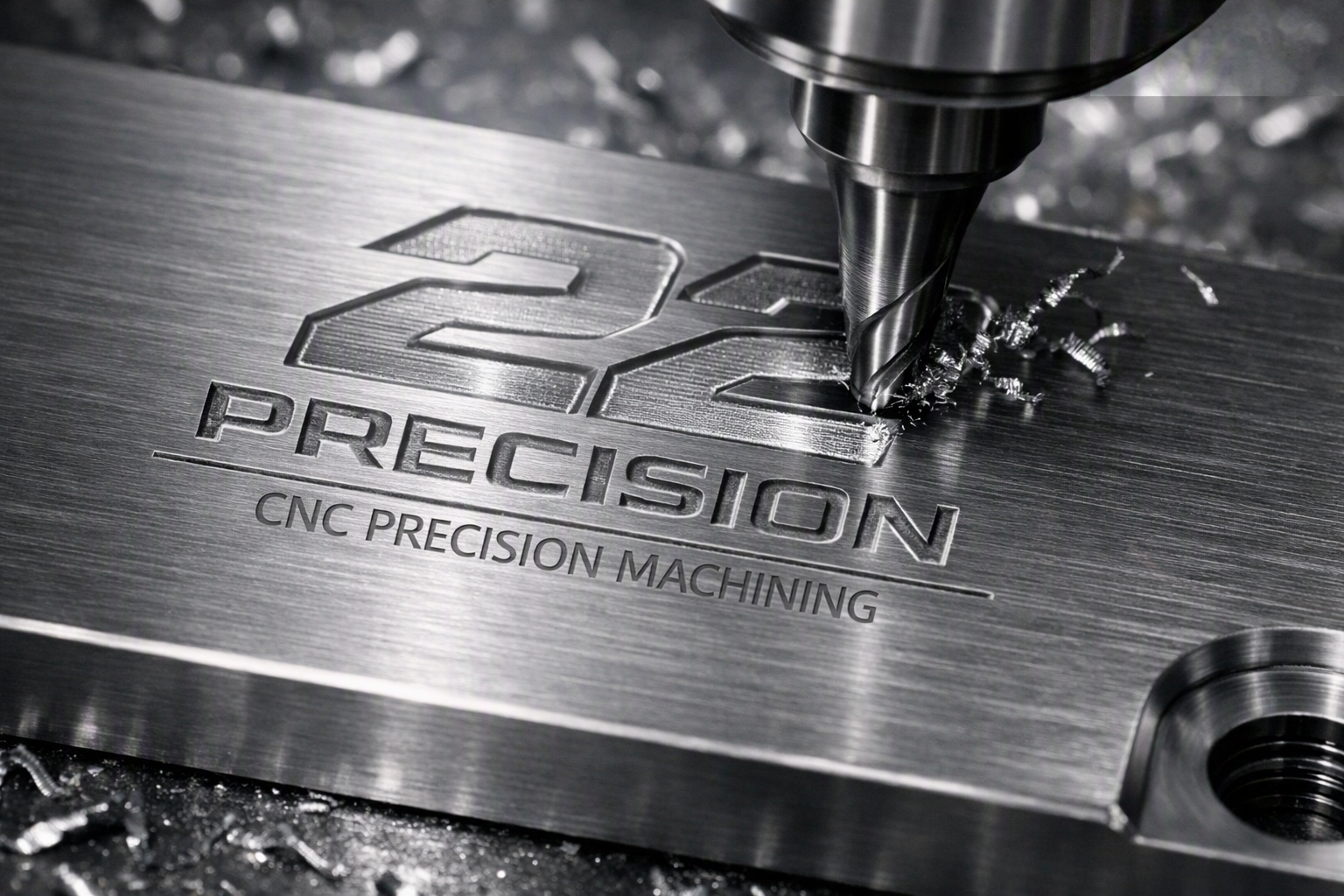 Close-up of a CNC milling machine engraving the text '22 PRECISION CNC PRECISION MACHINING' onto a metal surface.