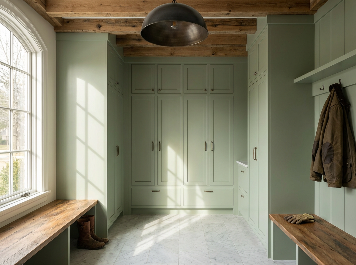 A mudroom with sage green built-in cabinets and a wooden ceiling, sunlight coming through a large window, a wooden bench with gloves on it, and cowboy boots on the floor.