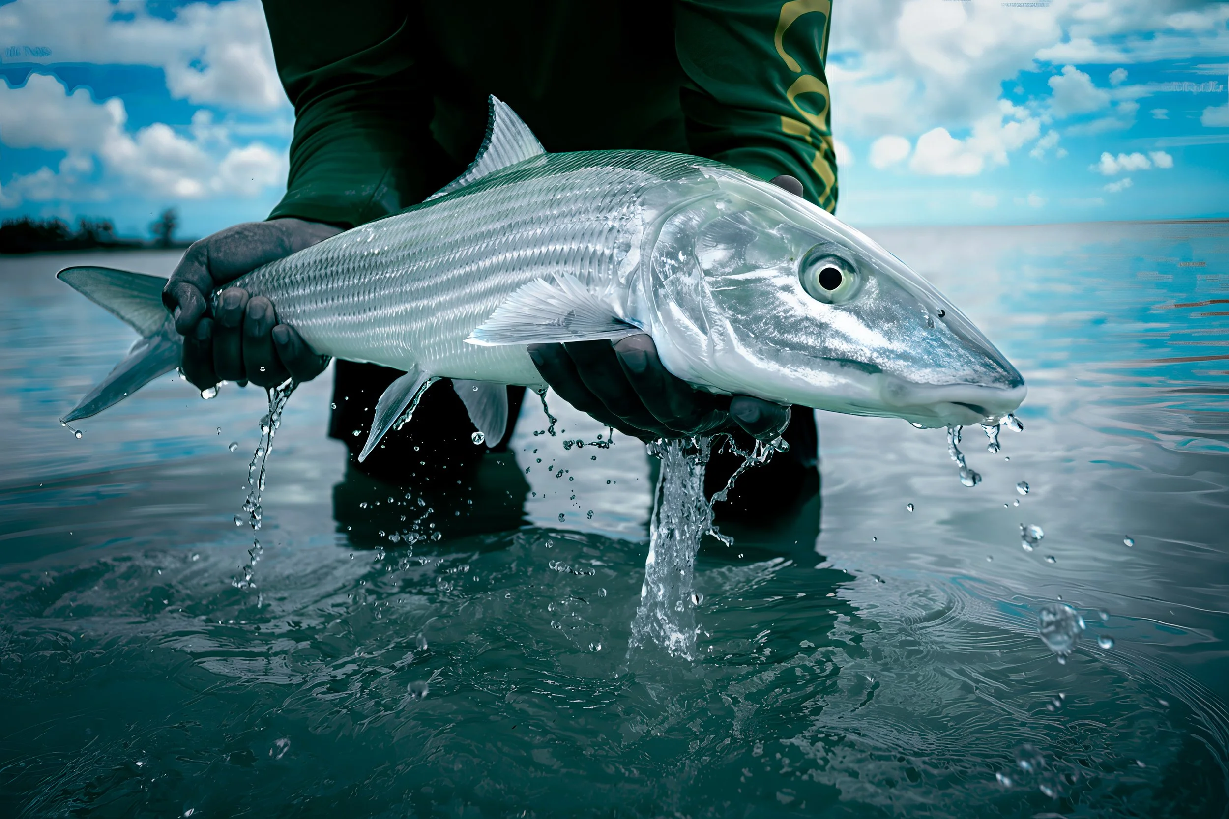 Person holding a large bonefish over water with a cloudy sky background.
