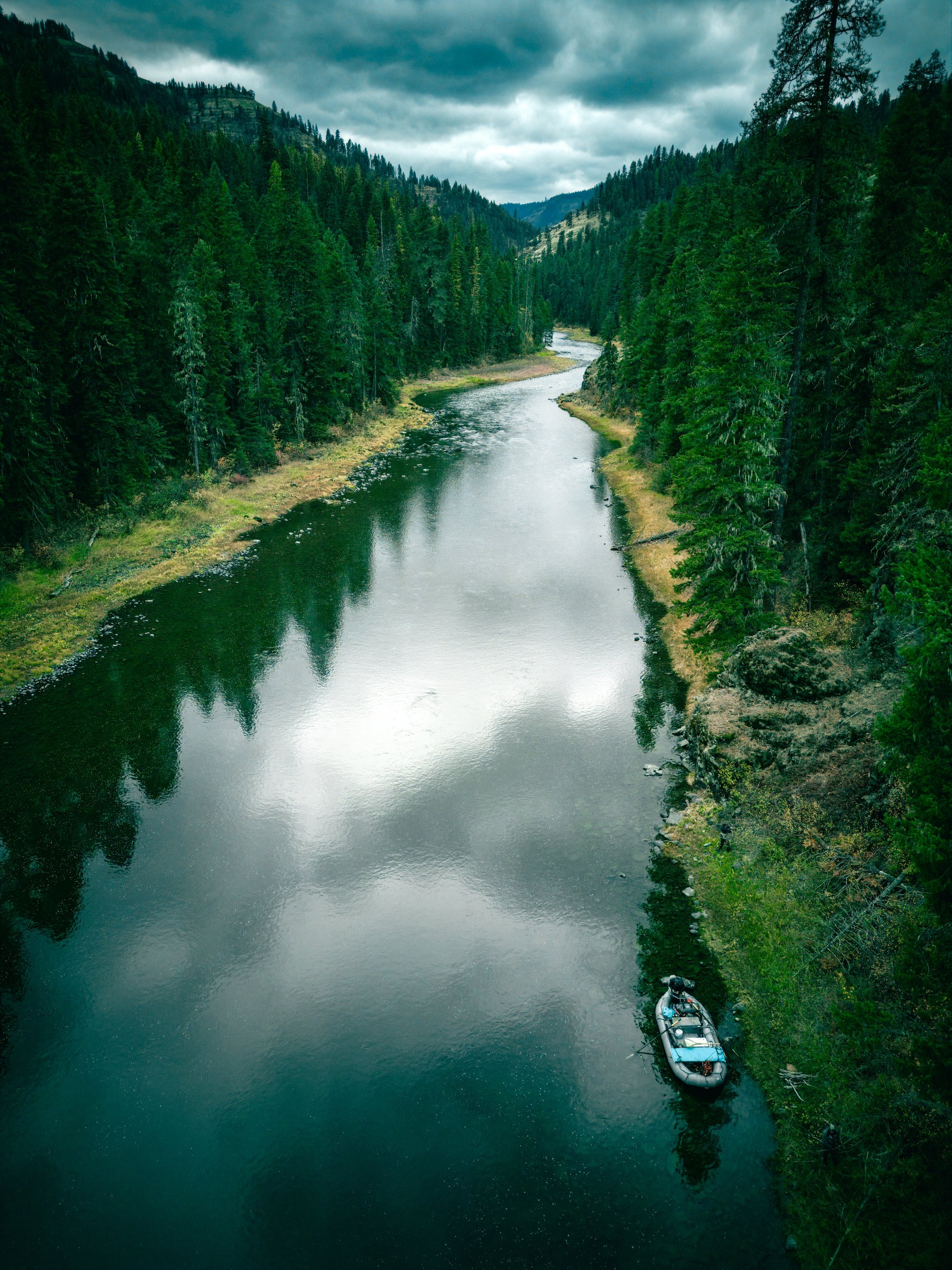 A river winding through a dense, green forest with tall pine trees on both sides and mountains in the background under cloudy sky. A small boat is floating near the shoreline.