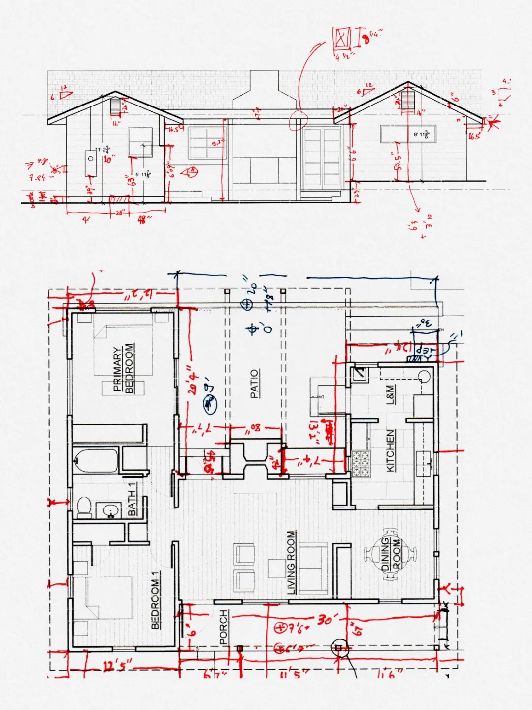 Architectural blueprint of a house showing front and floor plans with dimensions and notes in red and black ink.