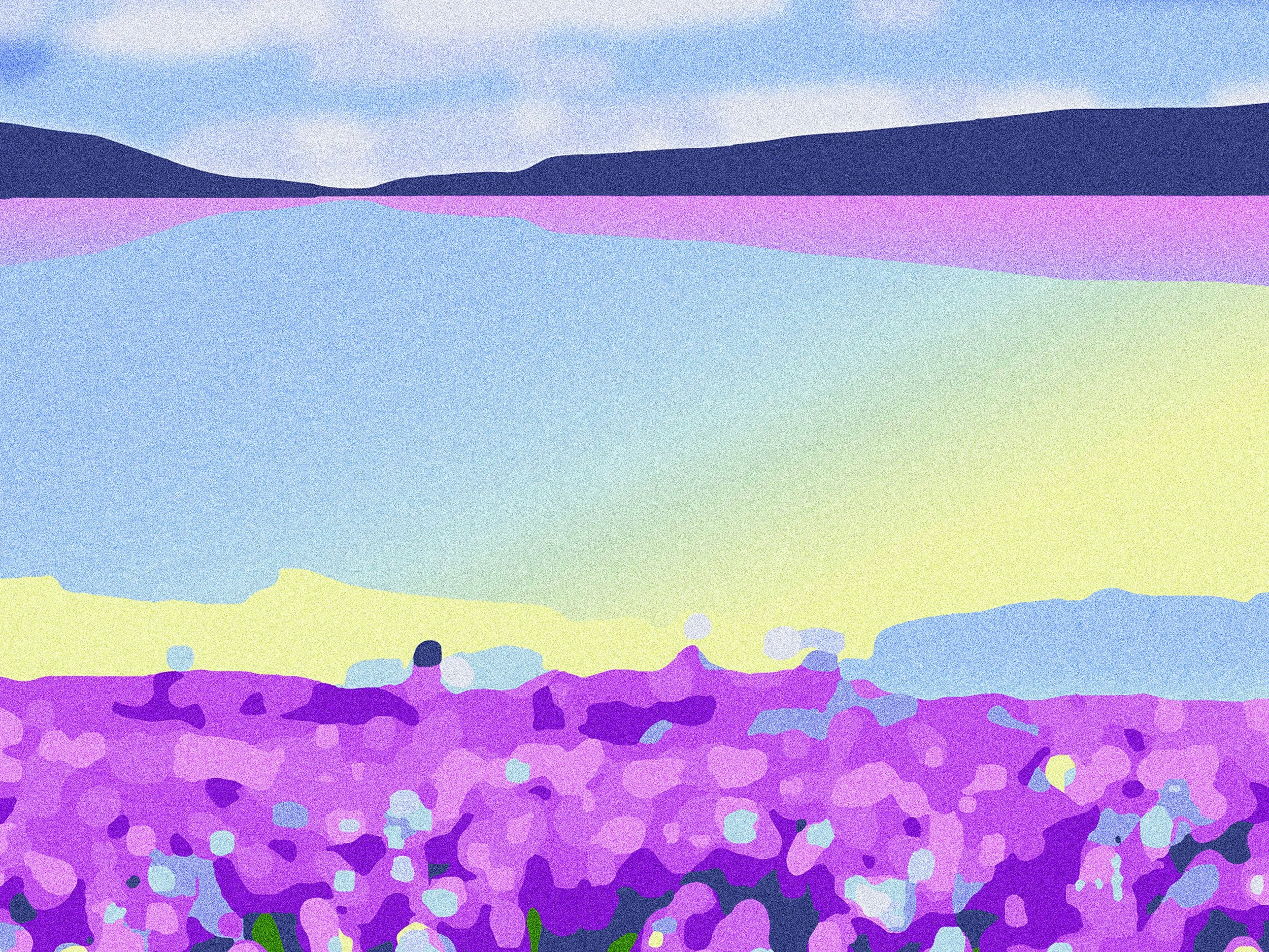 Abstract digital artwork in vibrant colors, featuring layered, wavy shapes in purple and green with a gradient sky background.