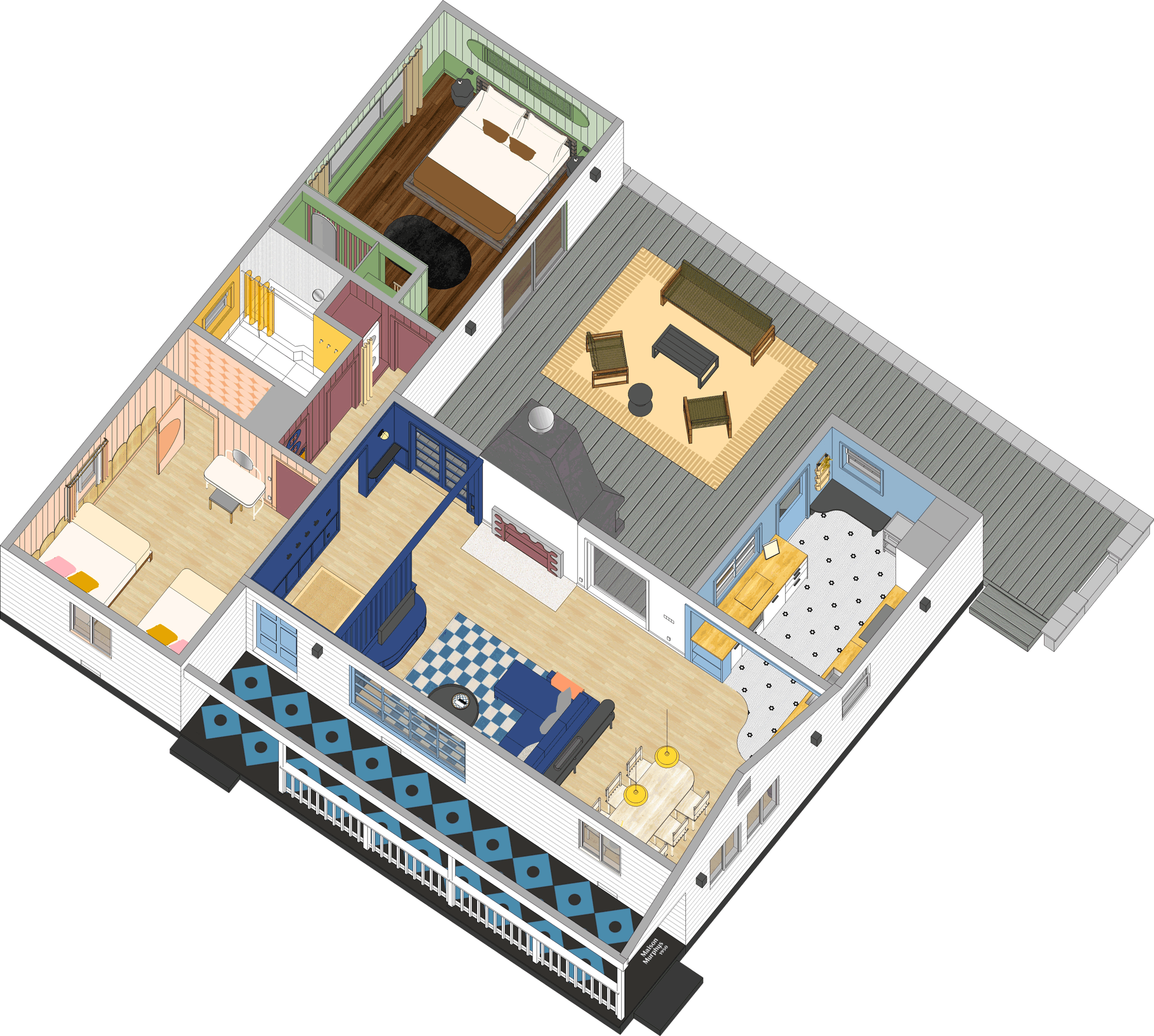 3D floor plan of a house showing a bedroom with a bed, dresser, and rug, connected to an outdoor balcony with outdoor furniture, and adjacent to a kitchen and dining area with checkered tile floor and seating.