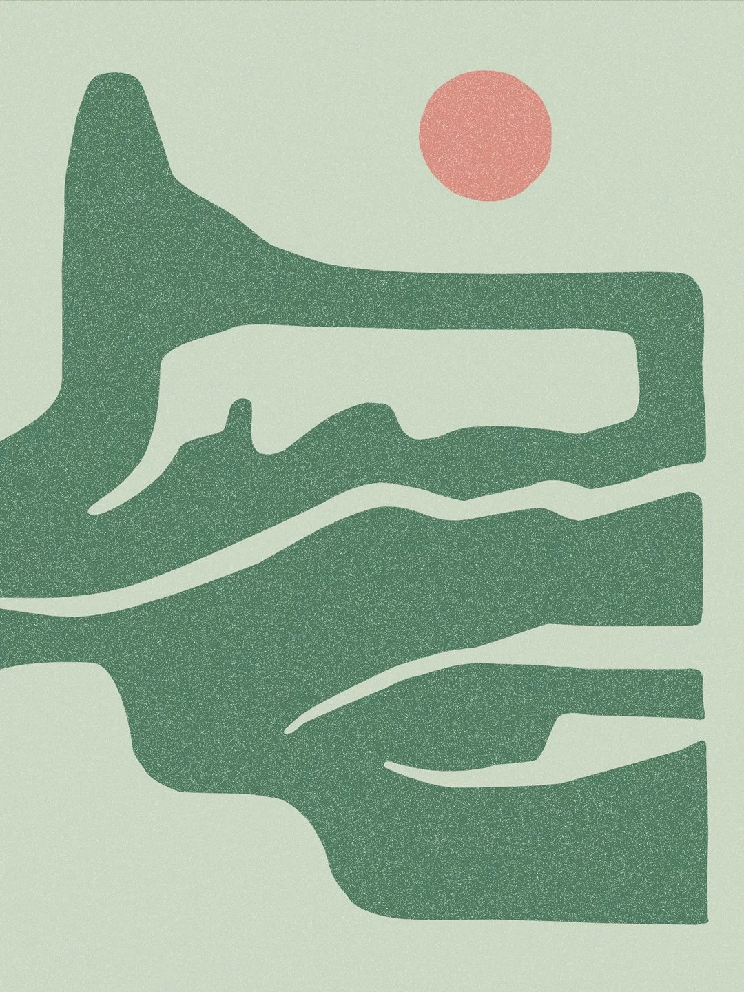 Abstract green landscape with layered shapes and a pink circle representing the sun or moon.