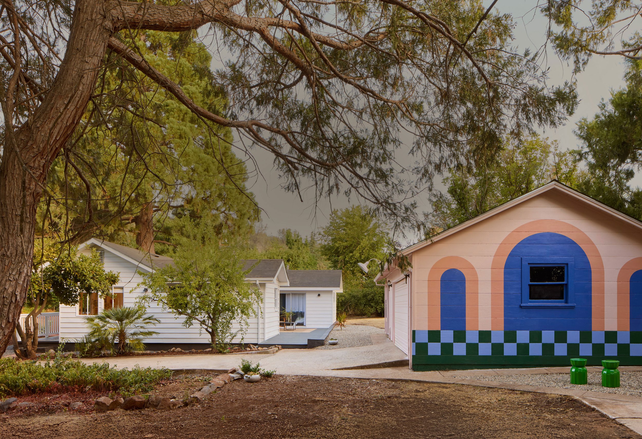 Colorful backyard with a painted shed featuring a blue circle and checkered pattern, surrounded by trees, neighboring white houses, and a gravel pathway.
