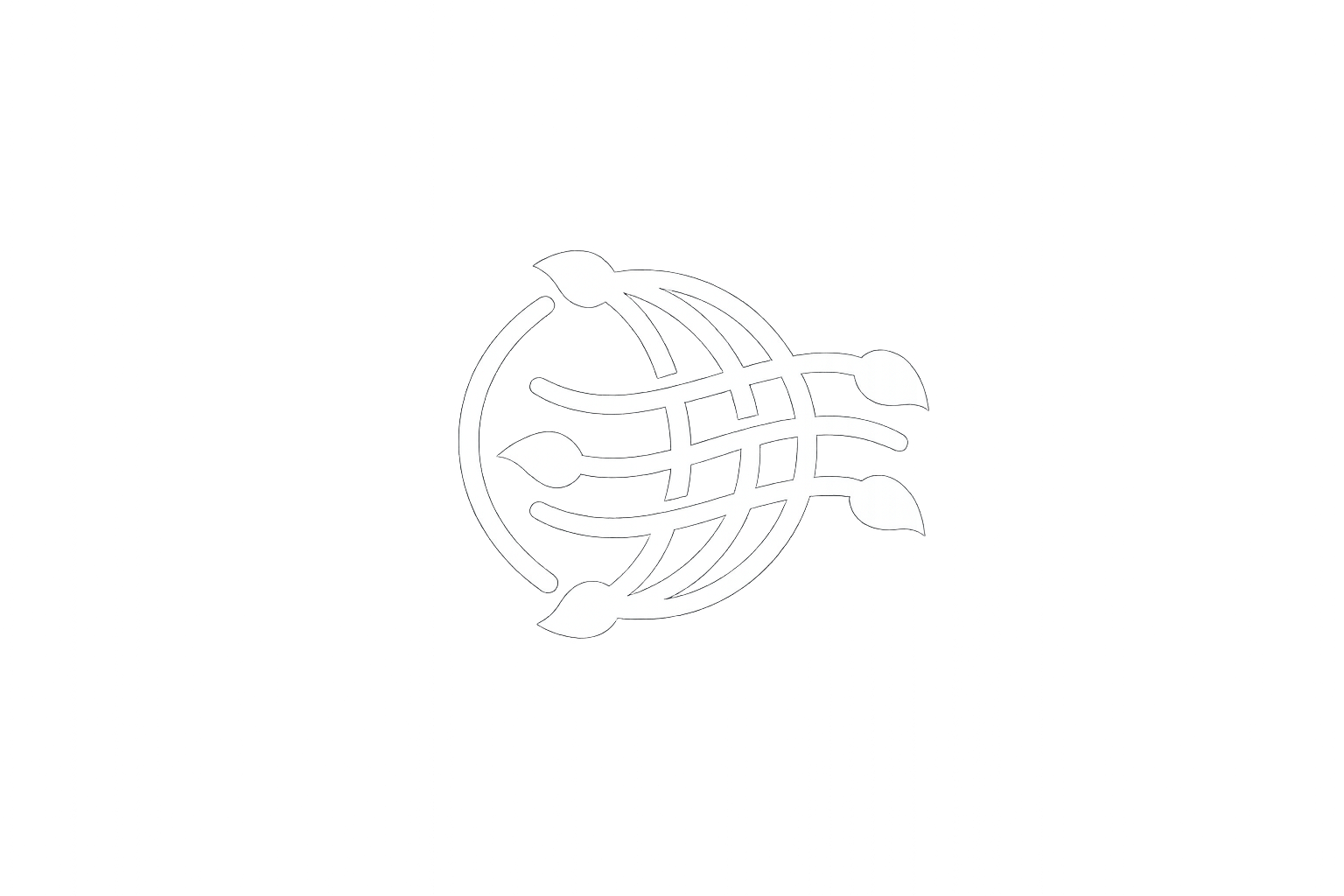 Black background with a white stylized globe and leaf design.