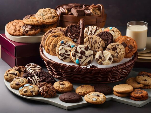 Assorted chocolate chip cookies, oatmeal cookies, and decorated cookies on a white platter and in a wicker basket, with a glass of milk in the background.
