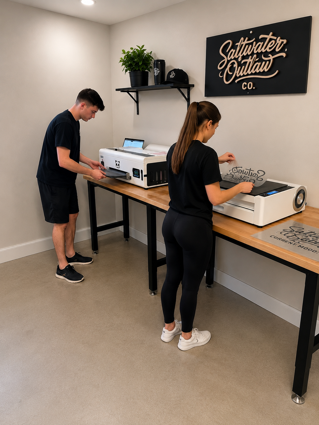 Two people working on cutting machines in a room with a sign that reads 'Saltwater Outlaw Co.' on the wall.