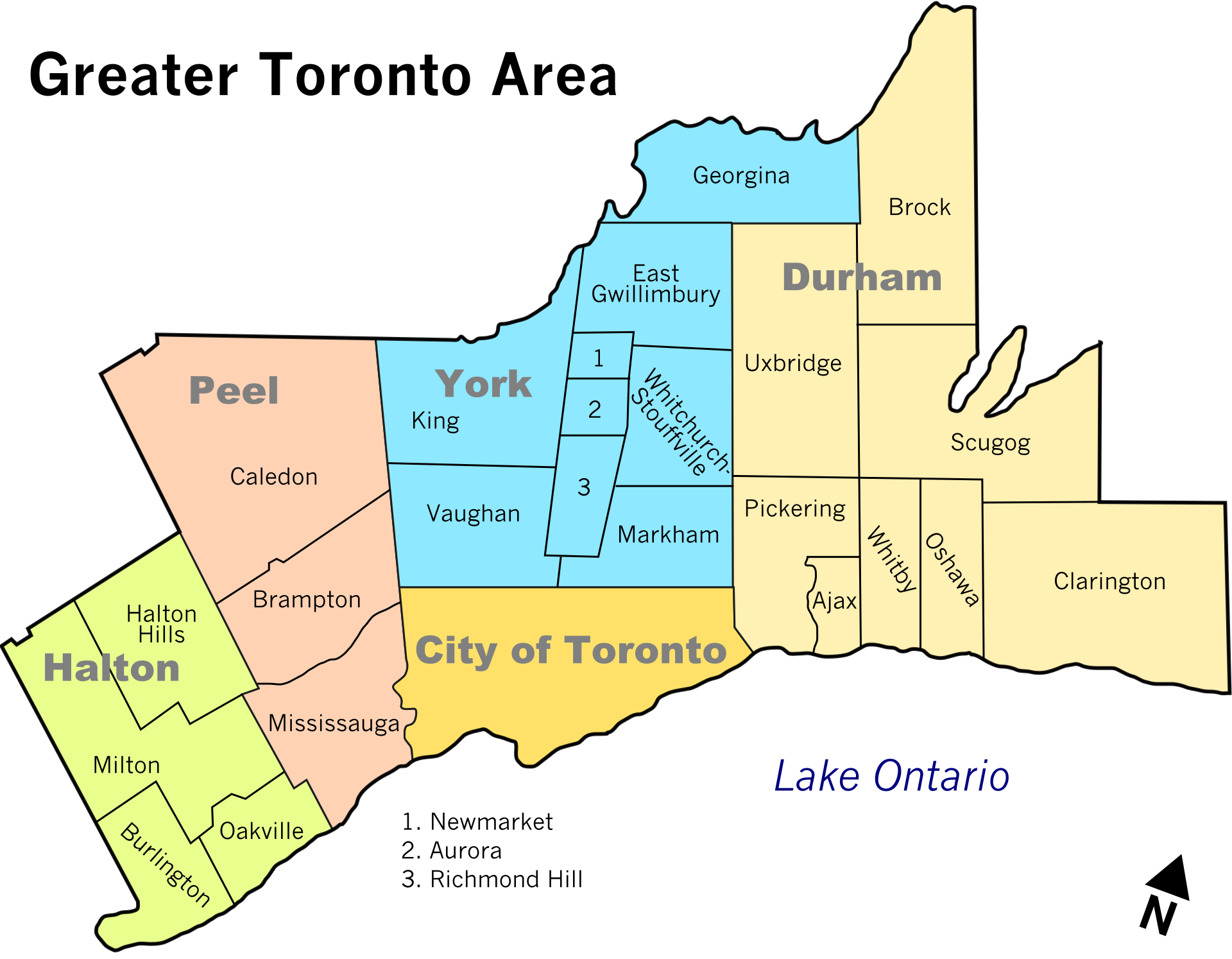 Map of Toronto, showing neighborhoods in different colors with labels including Peel, York, Durham, Halton, Mississauga, and others, with Lake Ontario and Lake Ontario's shoreline visible.