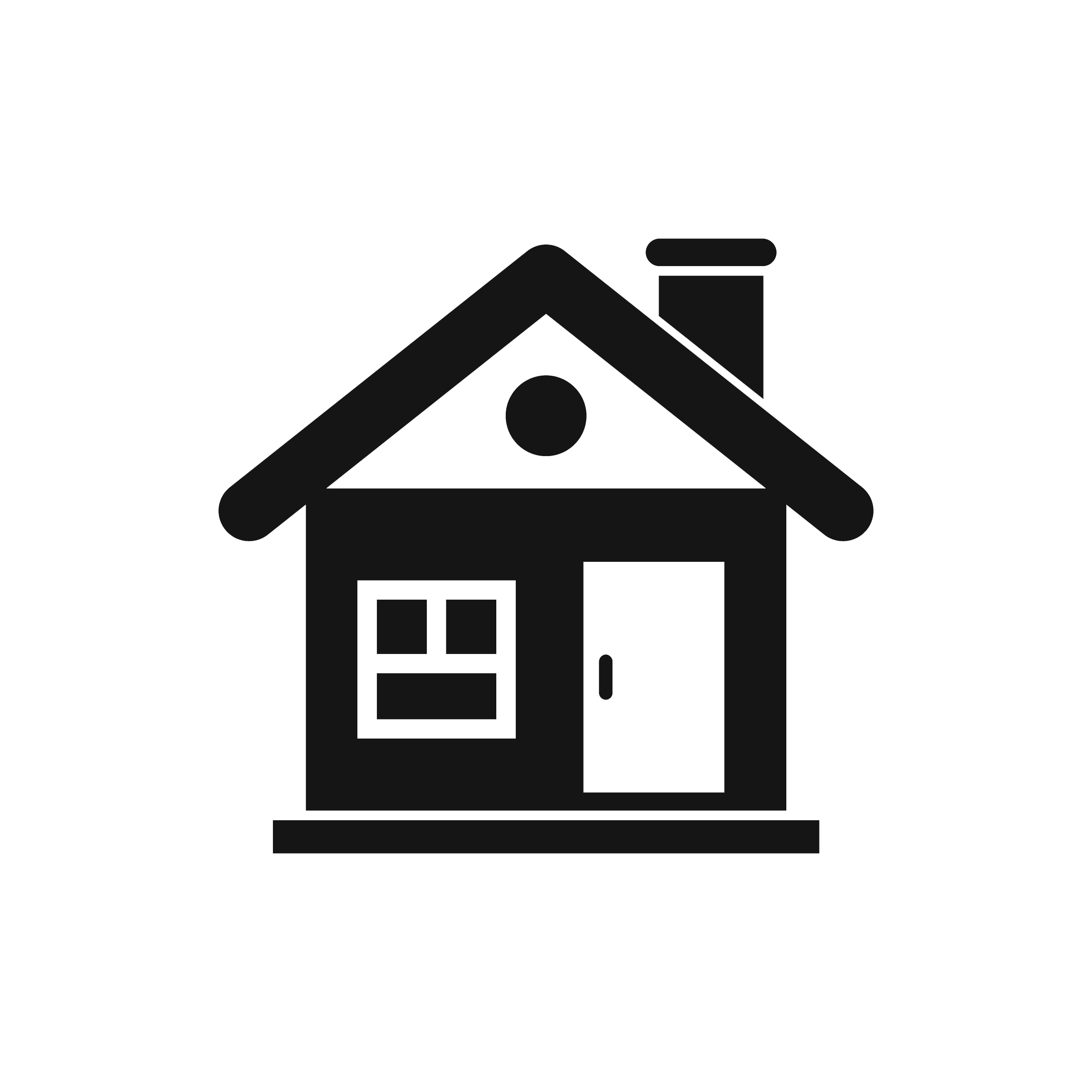 Line drawing of a house with a pitched roof, a round window, a chimney, and a rectangular door.