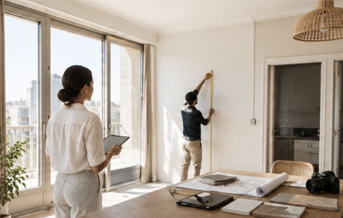 Mesure d'une pièce pour création de plan d'architecture d'intérieur avant travaux