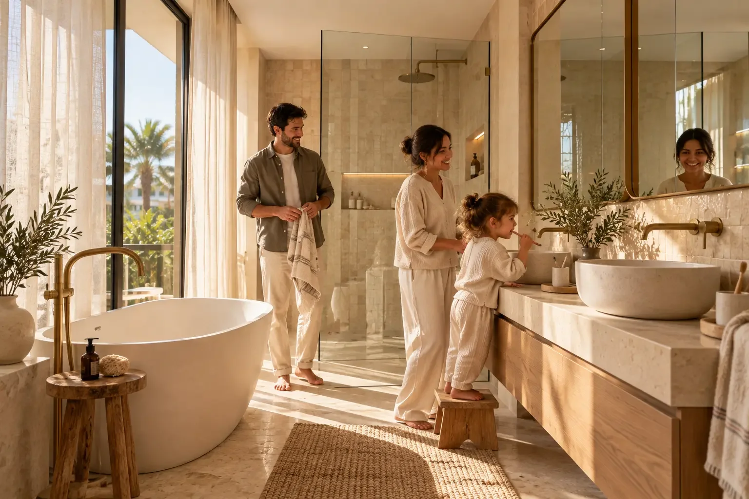Famille se retrouvant dans une salle de bain aménagée pour leurs usages