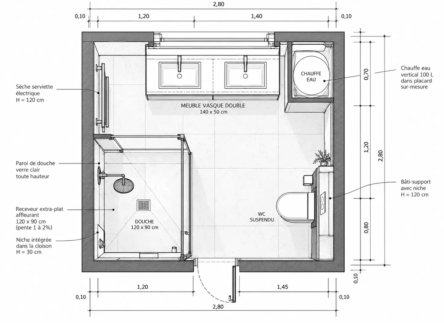 Plan d'architecture d'une salle de bain
