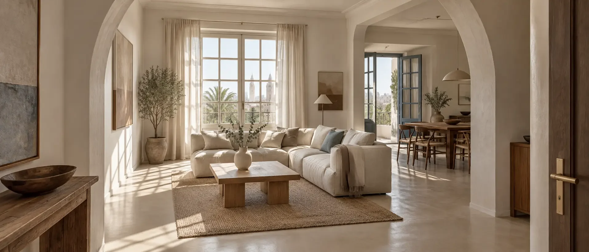 Salon lumineux style méditéranéen rénové à Casablanca, quartier Racine