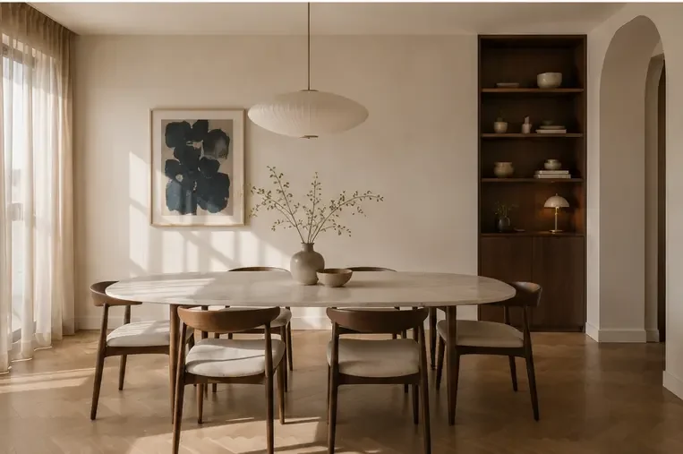 Salle à manger avec table en marbre et bibliothèque, quartier Anfa