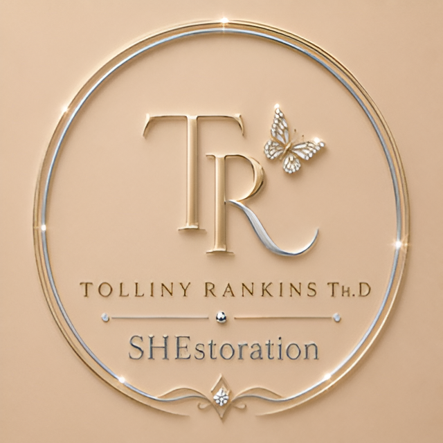 A circular wall sign with the initials 'TR' and a butterfly decoration, displaying the text 'Tolliny Rankins Th.D' and 'SHEstoration' underneath, on a beige wall.
