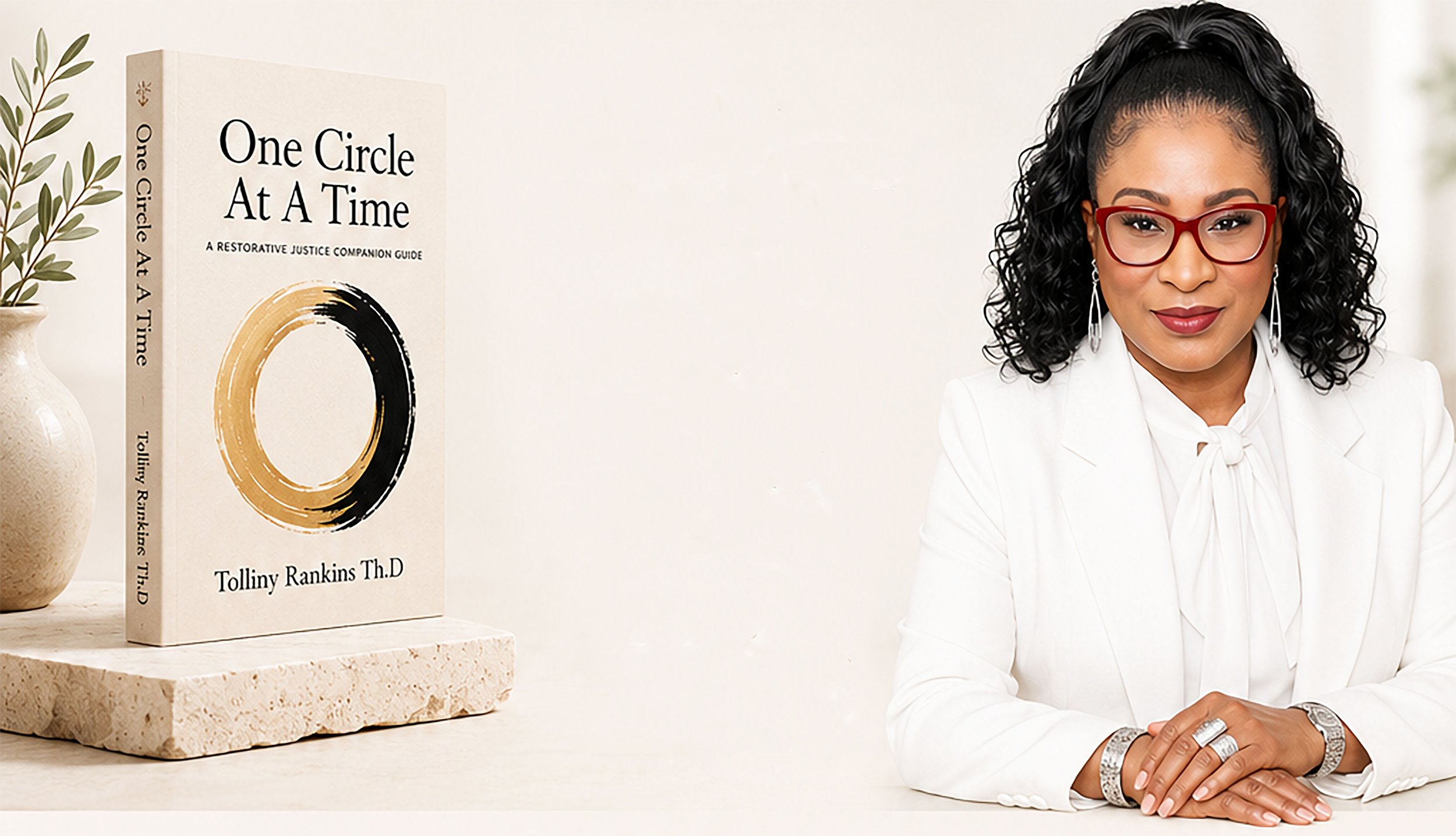 A woman with curly black hair, wearing red glasses, a white blazer, and jewelry, sitting at a white table with a book titled "One Circle At A Time" by Tolliny Rankins Th.D., a beige vase with green leaves, and a white background.