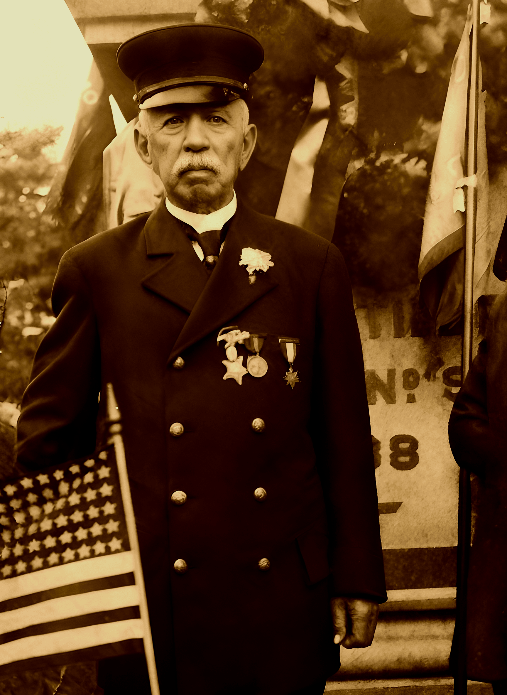 A historical black and white photograph of a man in a military uniform with medals, a bowtie or necktie, and a peaked cap, standing outdoors near flags and a partially visible American flag. The background includes a banner with partially obscured text.