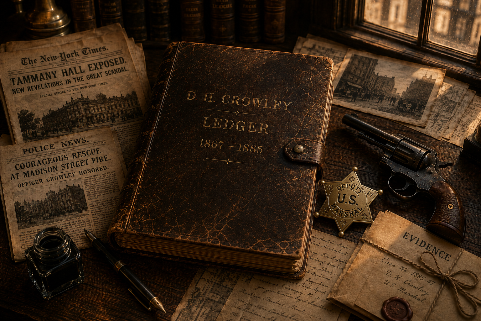 An antique desk scene with a large leather-bound ledger titled "D. H. Crowley Ledger 1867-1885," surrounded by old newspapers, a revolver, inkpot, fountain pen, handwritten documents, a U.S. Marshal badge, and a sealed evidence envelope, all near a w