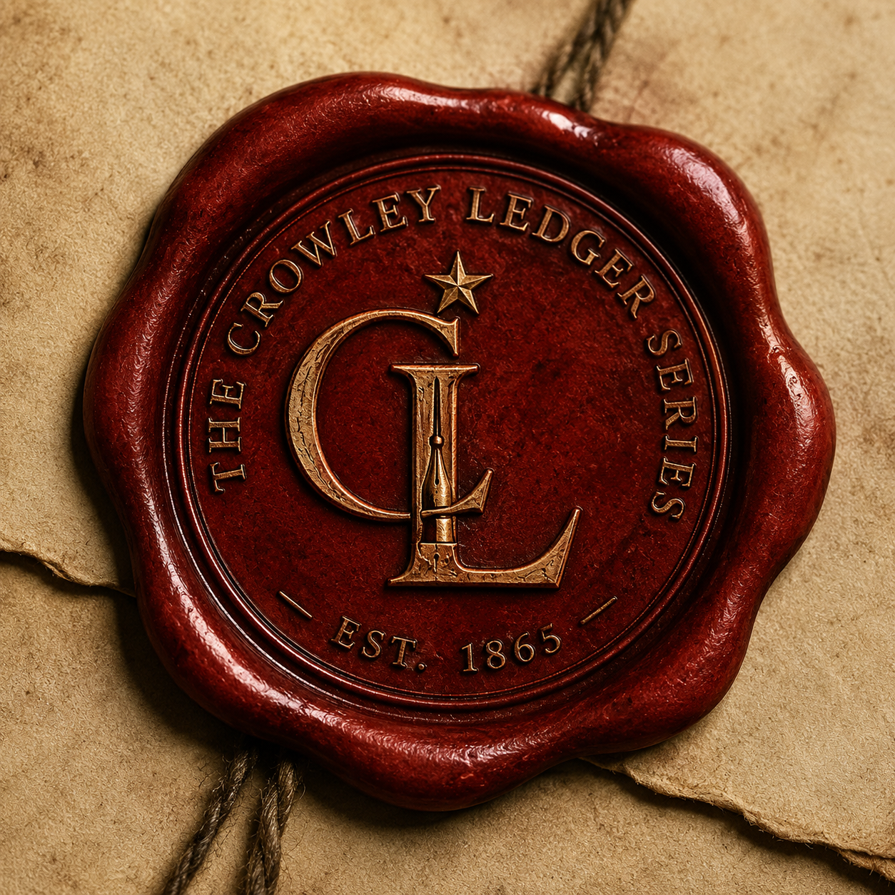 A red wax seal with gold text and design, reading 'The Crowley Ledger Series' and 'Est. 1865', featuring a large gold 'C' and 'L' with a star above.