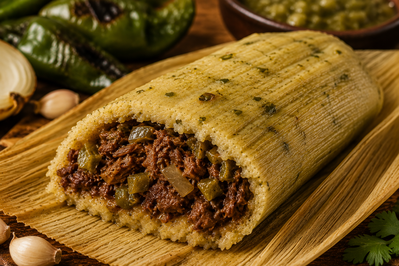 Signature Bison Hatch Green Chile Tamale with Smoked Huckleberry Habanero Sauce