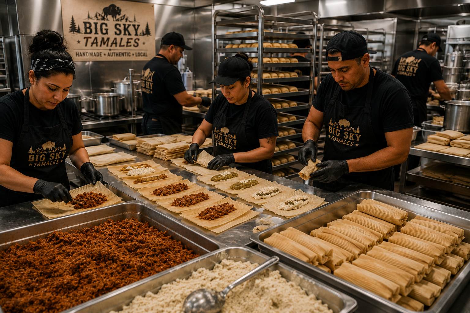 Four food workers in black shirts and gloves preparing tamales in a commercial kitchen, with trays of shredded meat, beans, and other fillings, and stacks of corn husks on the counter.