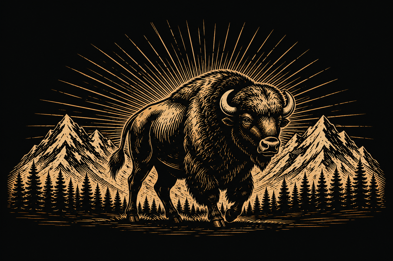 Illustration of a bison with mountain and forest background, illuminated by sun rays.