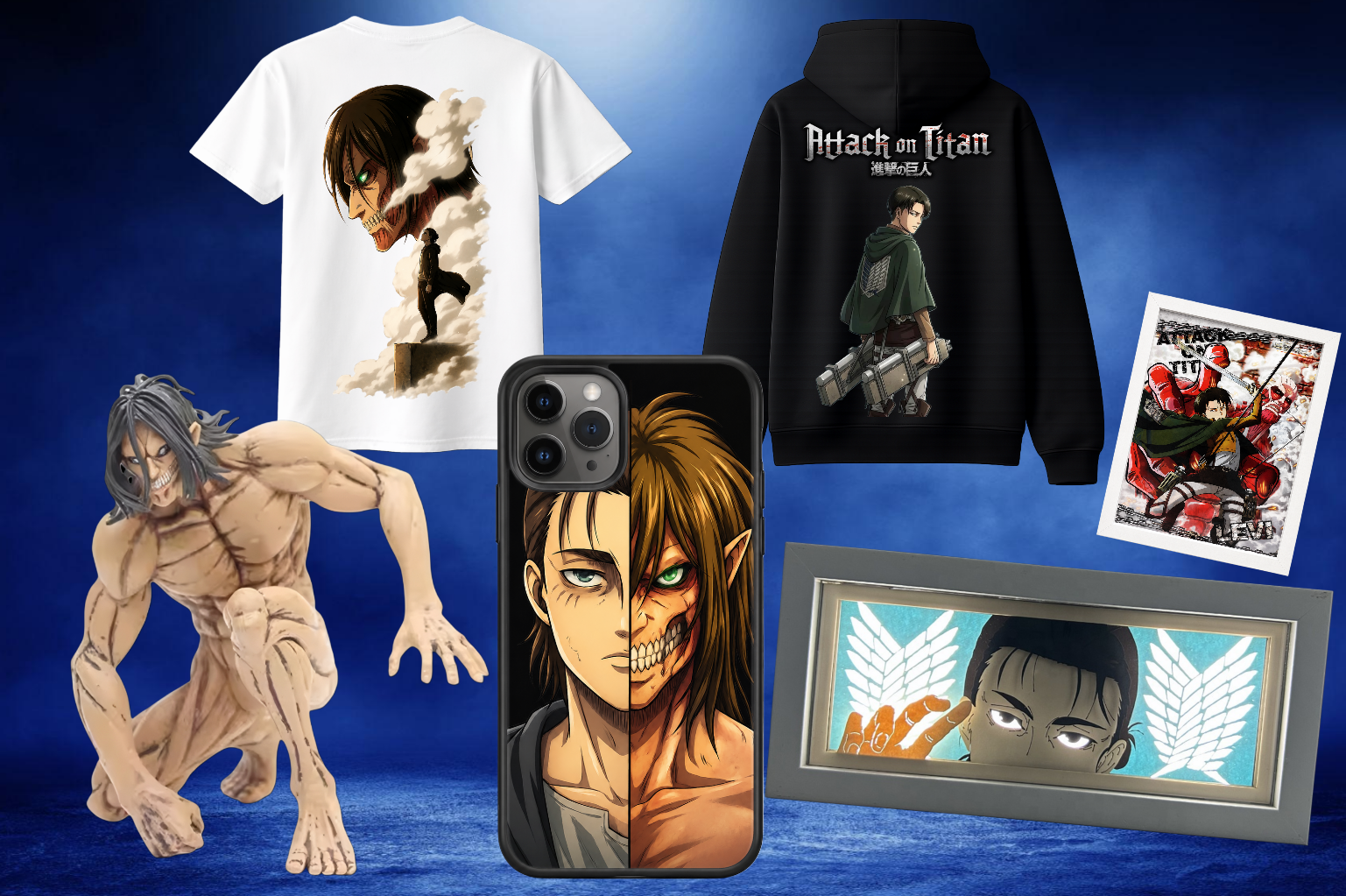 Collection of Attack on Titan merchandise including a white t-shirt with a character's face and a cloudy background, a black hoodie with a character holding equipment, a small poster with characters in red and black armor, a realistic humanoid figure of a Titan, a smartphone case featuring a split portrait of a character, and a framed picture of a character with a hand gesture and wing symbols in the background.
