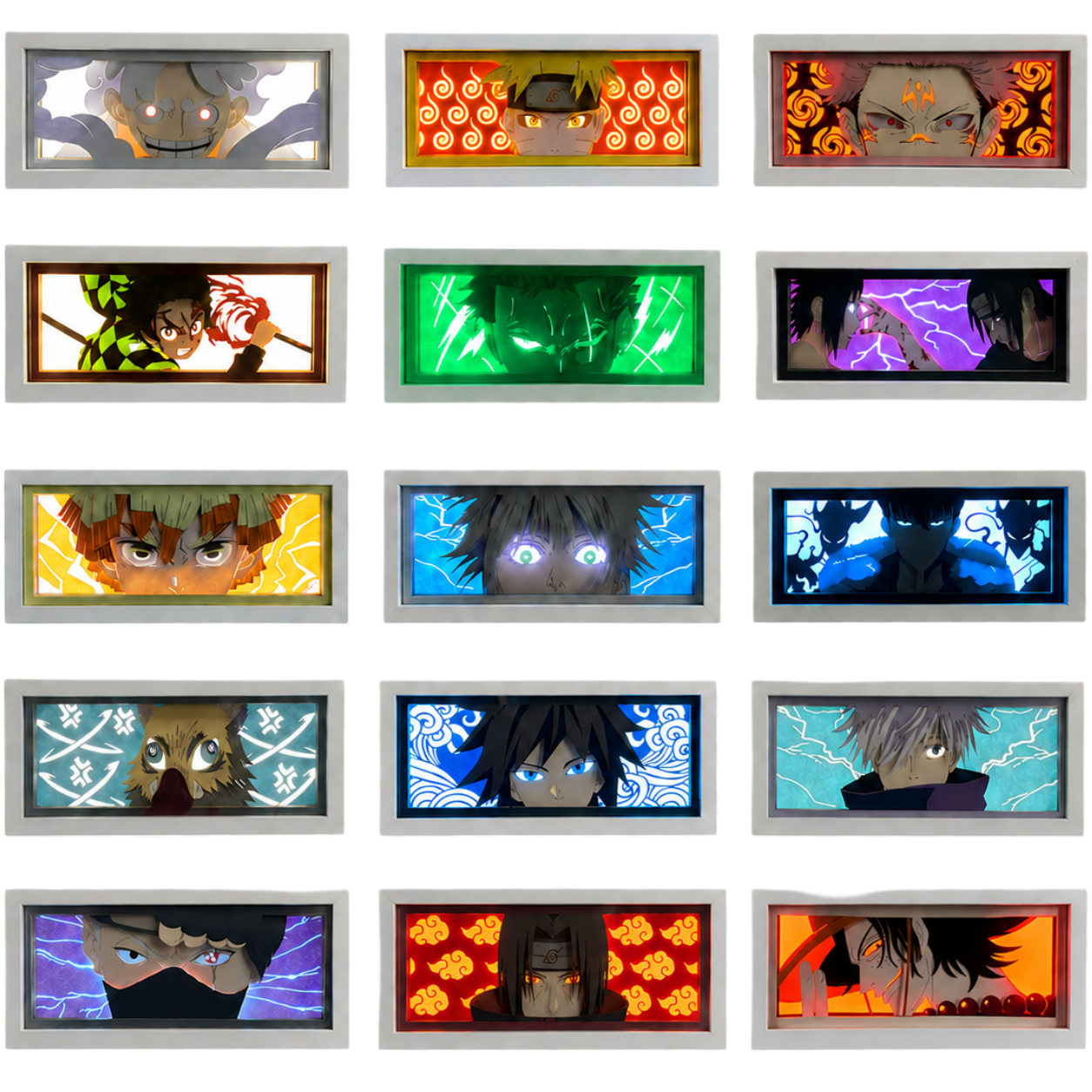 Grid of twelve animated characters from Naruto, each with distinct expressions and lightning or colorful backgrounds.