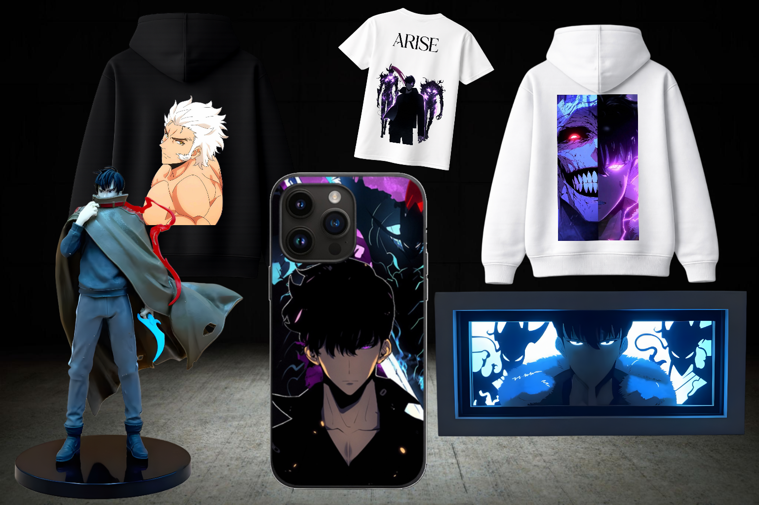 Display of anime-themed merchandise, including hoodies with character artwork, T-shirts, a smartphone case, and a figure of a character with white hair and a muscular build.